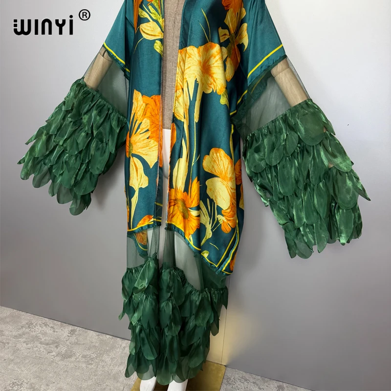 Winyi moda oriente médio quimonos abaya dubai luxo para mulher sexy rendas cardigan roupas de praia praia cobrir maxi casaco kaftan