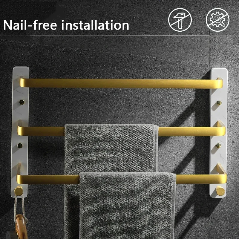 Marble Bathroom Towel Holder,Nail Free Brushed Gold Towel Rack,50/60cm Wall Shelve,Bathroom Furniture Shelf,Bathroom Accessories