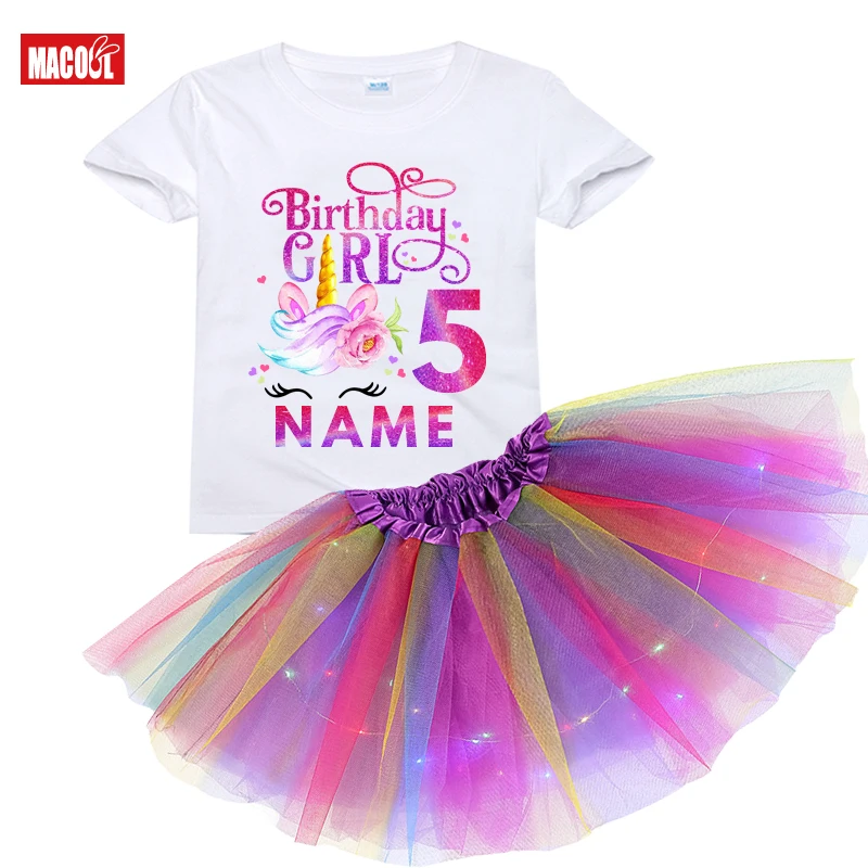 

Unicorn Shirt for Girls Tutu Outfit Princess Birthday Girl Outfit Set Custom Name Shirt Kids Party Light Dress Clothes Suit Gift