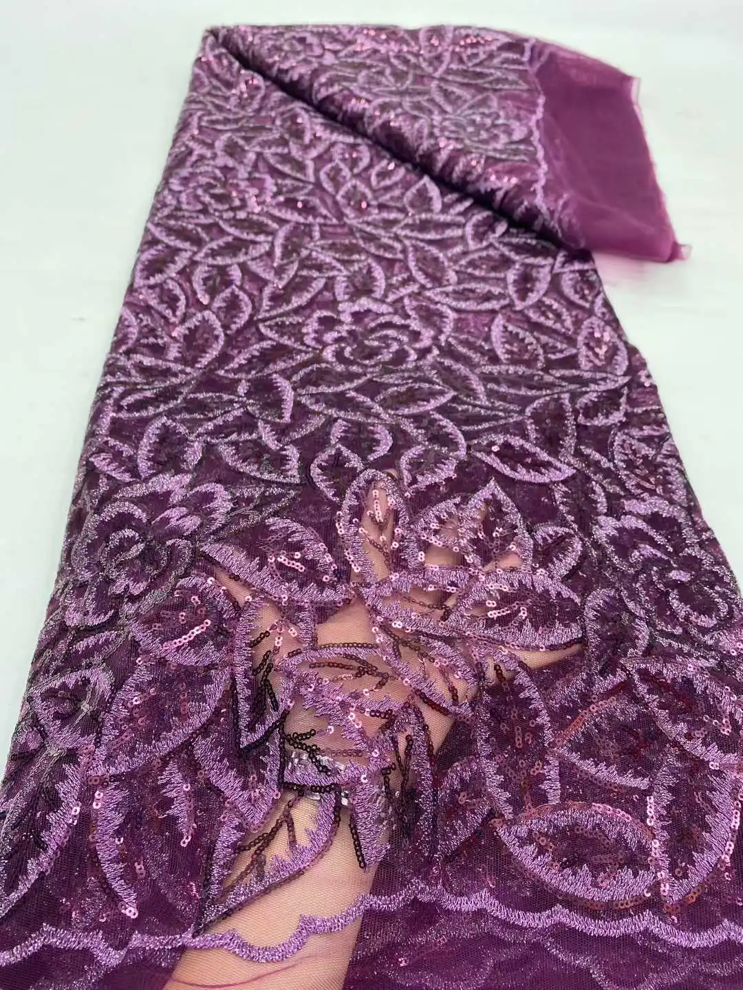 Tela de encaje bordado de lentejuelas africanas 2025, encaje de alta calidad, 5 yardas, tela de encaje francés rosa, telas nigerianas para fiesta AH1668