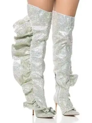 

Luxury Women Sliver Bling Full Crystal Rhinetone Lotus Edge Pointed Toe Thin Heels Over The Knee Boots Modern Long Botas Shoes