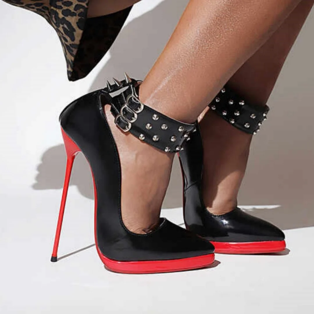 

Rivets Belt Pointed-Toe 16cm Super High Heel Sexy Lace-Up Runway Style Studded Nightclub Party Style Women's Performance Shoes