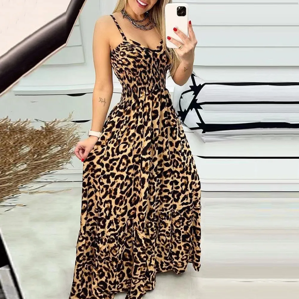 

Leopard Print Suspender V-neck Long Dresses High Waist For Women Sexy Streetwear Boho Beach Beach Streetwear Maxi Dress Robe Y2K