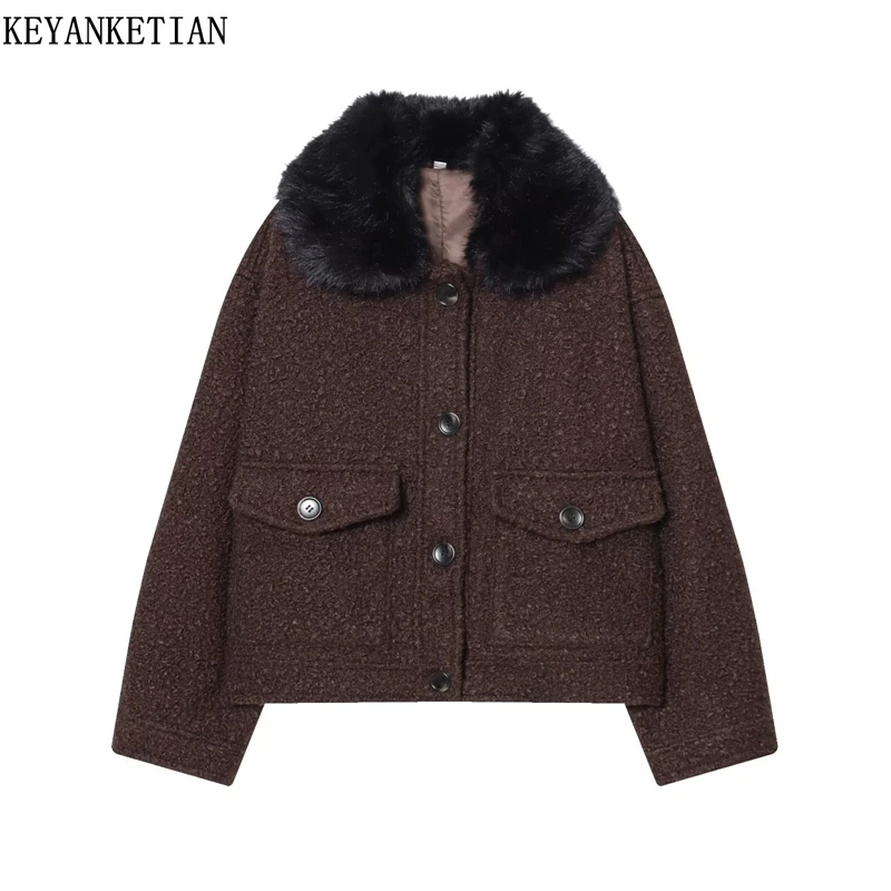 

KEYANKETIAN 2025 Winter New Women's Fake fur collar Tweed Jacket Greatcoat Simple style Flap Pockets Single Breasted Casual Coat