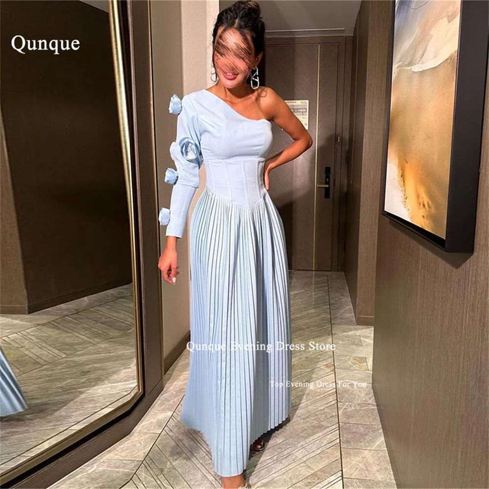 Qunque Sky Blue A-line Prom Dresses One Shoulder Sleeve With Flowers Formal Gowns Pleat Saudi Arabia Gala Party Robe Customized