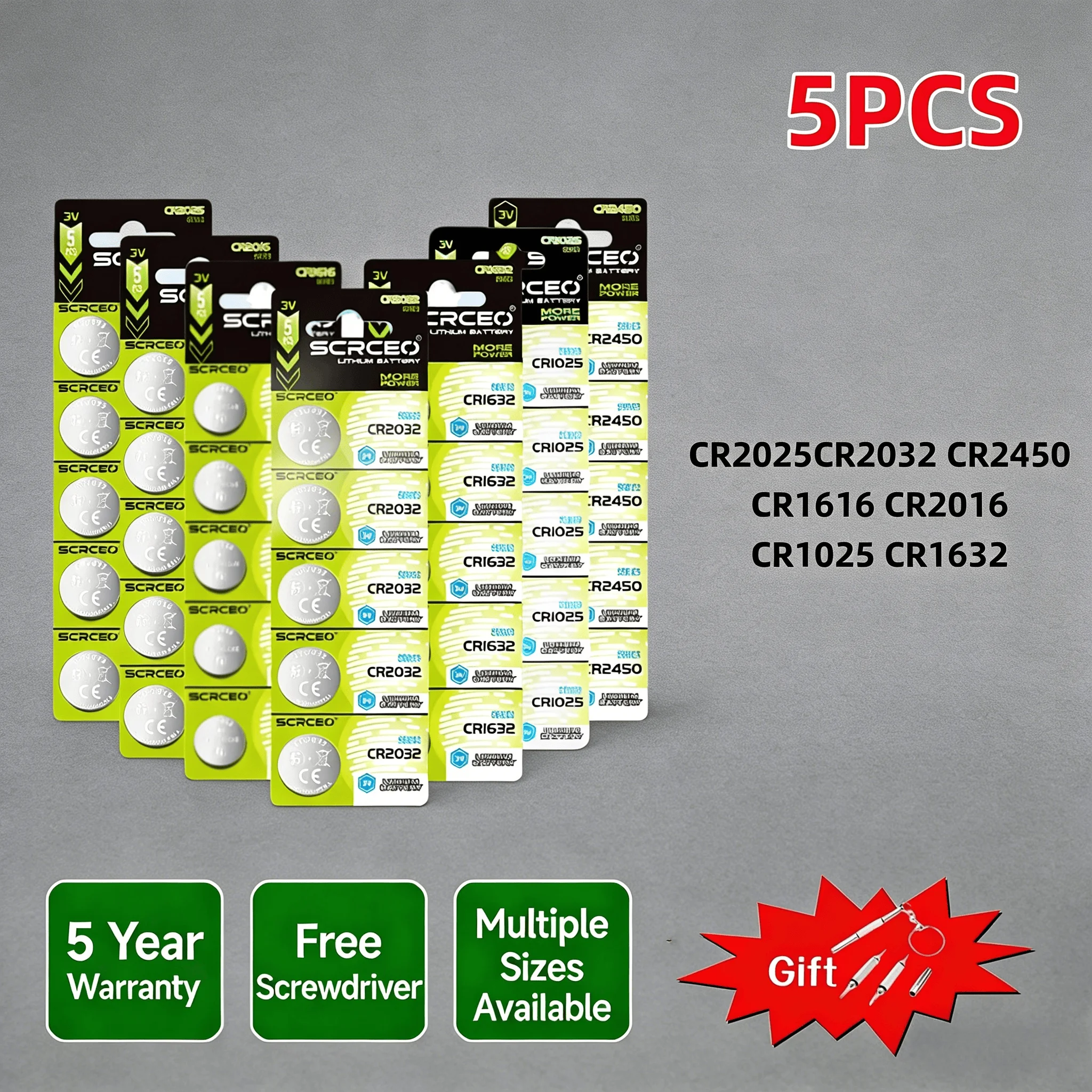 

5PCS CR2016 CR2025 CR2032 CR2450 CR1632 CR1616 3V Lithium Coin Cell Battery for Remote Controllers Garage Door Openers toys