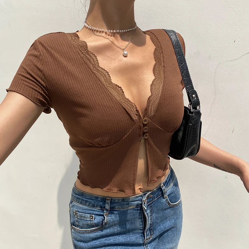 Y2K Lace Patchwork Women T Shirt Korean Sexy Streetwear V-neck Crop Tops Female Summer Casual Short Sleeve Chic Tees New