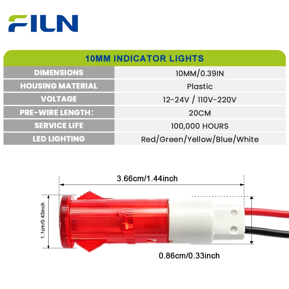 FILN 3PCS 10mm IP67 Waterproof Status Lamp 12-24V LED 2-Pin Mount Indicator Light for Car Marine Cockpit Control Console Panels