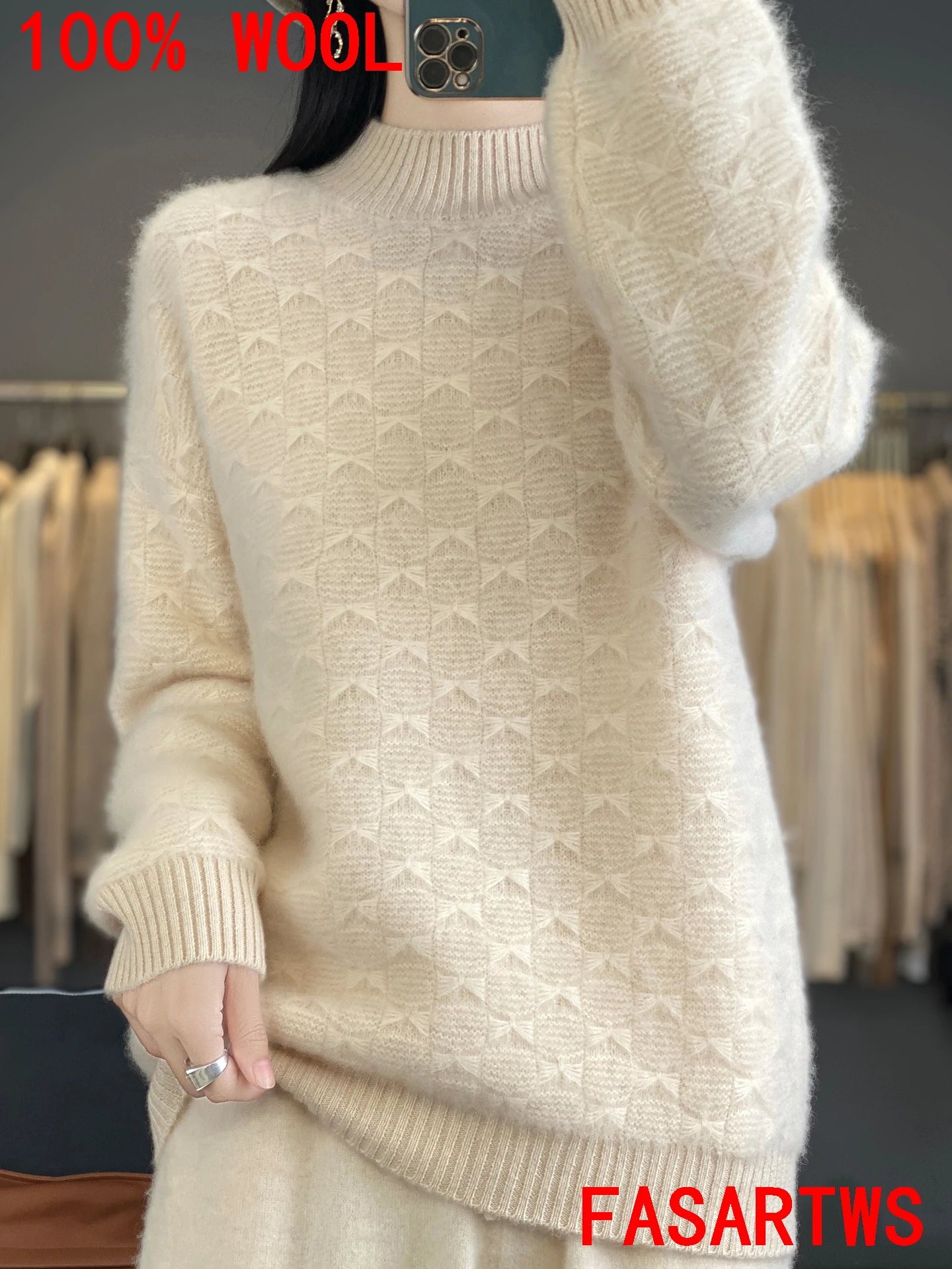 

New Thick Warm Sweater100% Australian Wool Sweater Half Height Neck Pullover Women's Autumn Winter Jacquard Solid Color Fashion