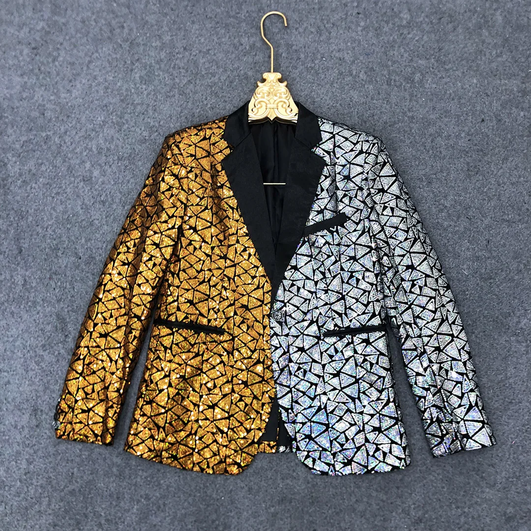 

Men's Splicing Sequined Suit Jacket Banquet Party Gold Silver Glirrer Sequins Blazers Male Singer Concert Stage Performance Wear