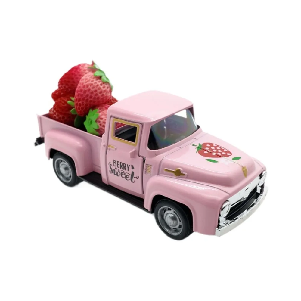 

Statue Vintage Strawberry Truck Decor Figurines Sensory Mini Car Ornament Sculpture Collectible Metal Car Miniature Model