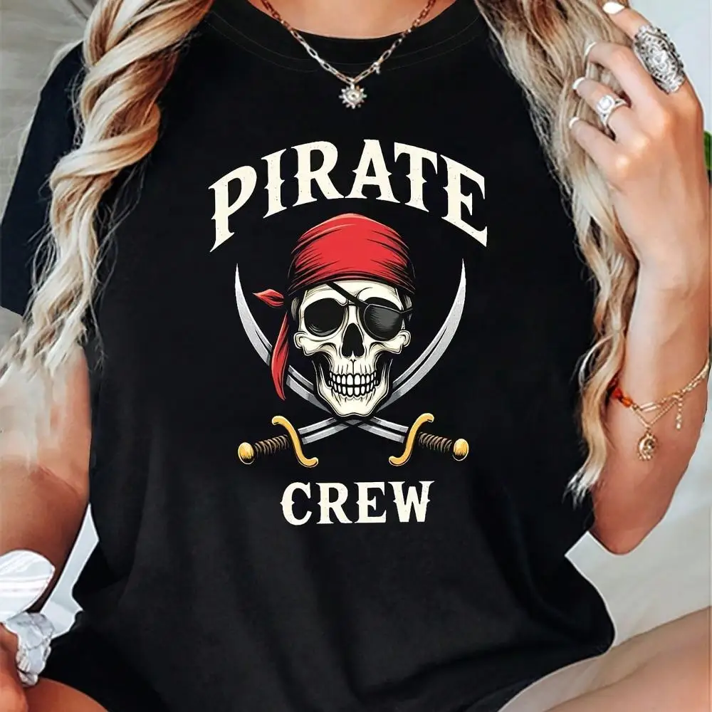 Pirate Crew Letter Print T-Shirt, Short-Sleeved Round-Neck Casual Top, Women s Wear For Spring And Summer