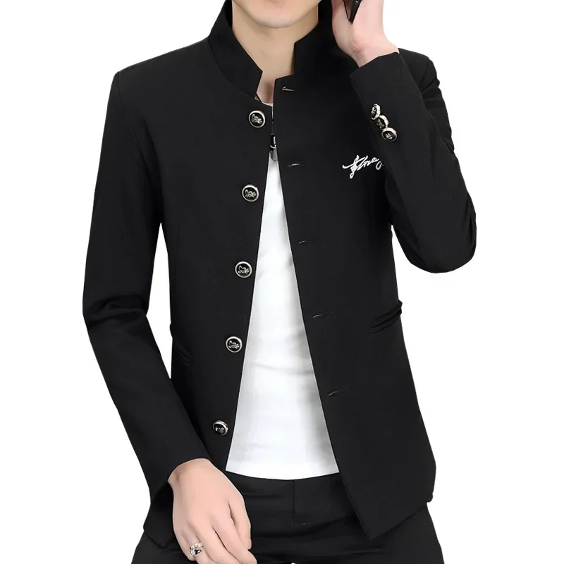 2024 men\'s Spring New Stand Collar Business Casual blazer Youth Chinese Style Multi-Button Embroidered   blazer