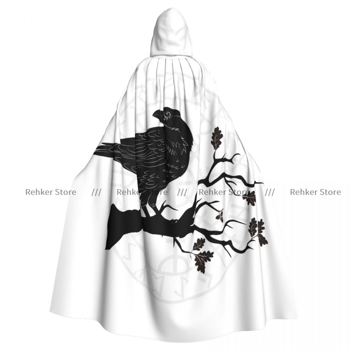 Adult Black Crow Sitting On Branch Of Oak Tree And Scandinavian Runes Cloak Cape Hooded Medieval Costume Full Length Dress Coat