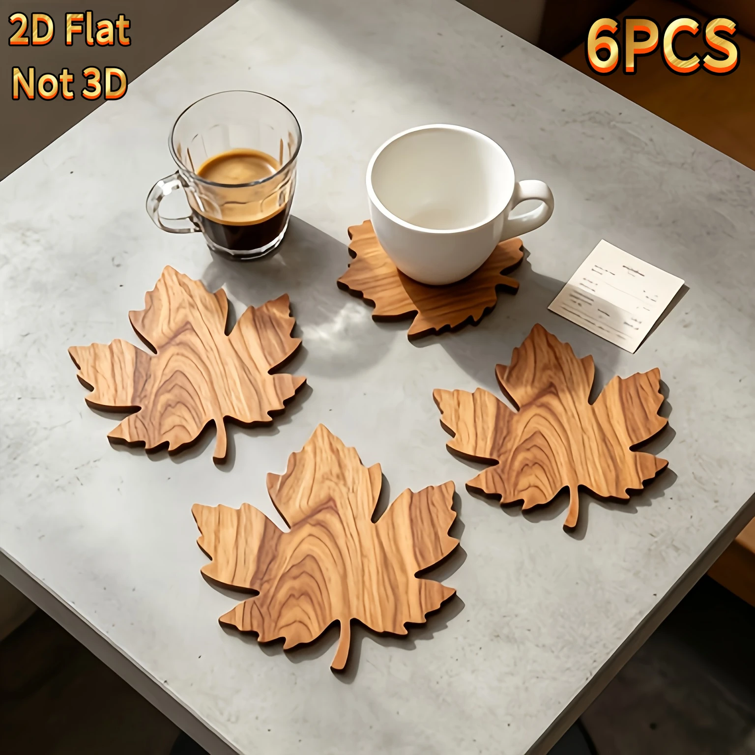 6Pcs Maple Leaf Wooden Coasters Non Slip Heat Resistant 2D Flat Drink Table Protector Coffee Tea Home Office Party Gift Set
