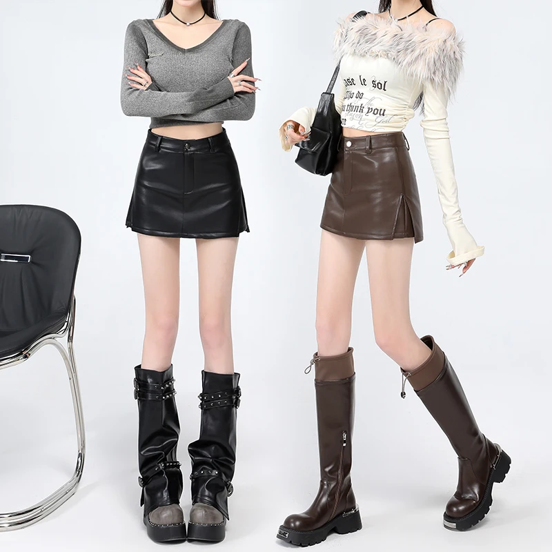 

Bla PU Skirt High Waist A-Line Bodycon ort Skirt for Trendy Ladies Spring Summer Autumn New Arrival Casual Sle