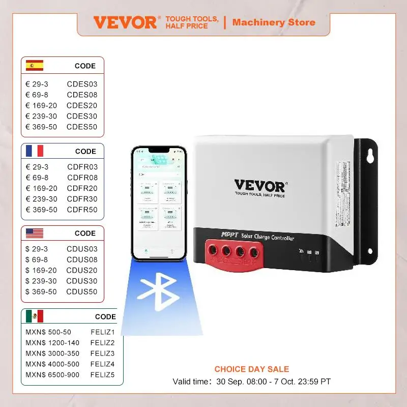 

Контроллер заряда солнечной батареи VEVOR 30A/40A/50A MPPT, 12 В/24 В, автоматический вход постоянного тока, Bluetooth-модуль для запечатанной (AGM) и зарядки литиевой батареи