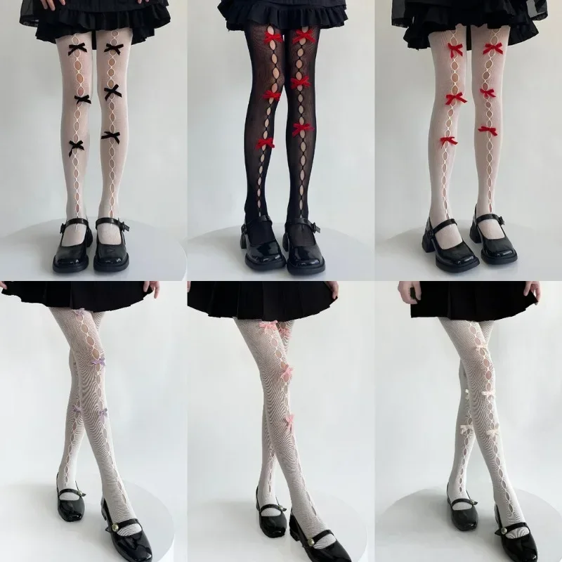 

Women's Three Bowknot Tights Hollowed-out Fishnet Stockings Mesh Summer Thin Velvet Bow Lolita Japanese Y2k Girls Pantyhose