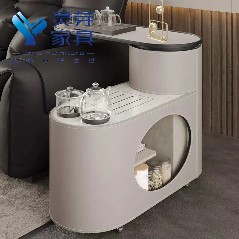 Mobile modern solid wood saddle leather tea table retractable push-pull tea side table kettle tea cabinet integrated