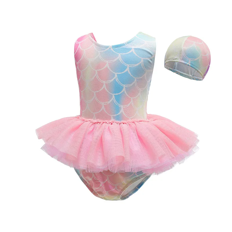 Girl TUTU Dress Swimsuits Sparkly Design Kids Beachwear With Swimcap Size 100-140 Little Girl Summer Beach Suits