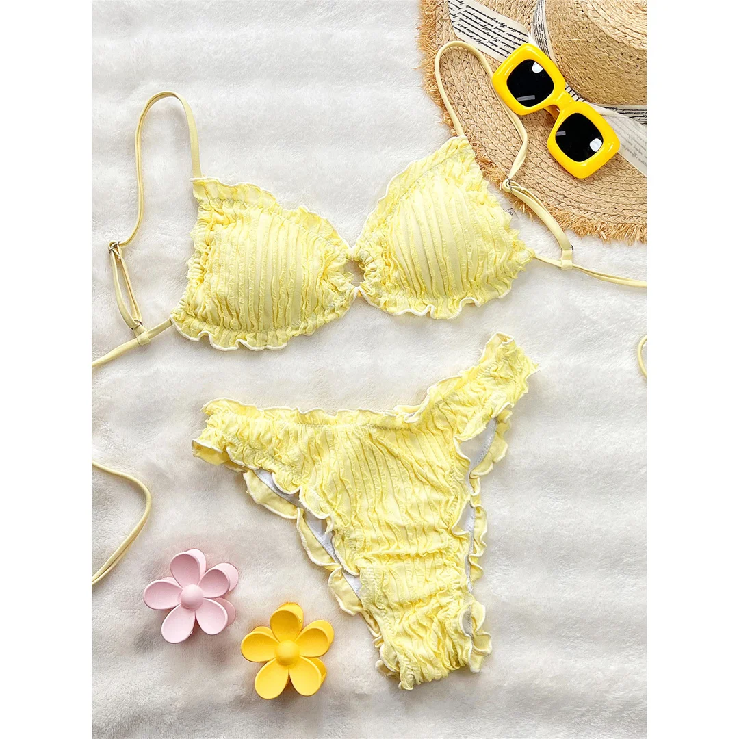 Gefalteter, geraffter, brasilianischer Bikini, Damen-Badeanzug, zweiteiliger Bikini-Set, Badebekleidung, Badeanzug, Schwimmanzug V8053B – Detail 11