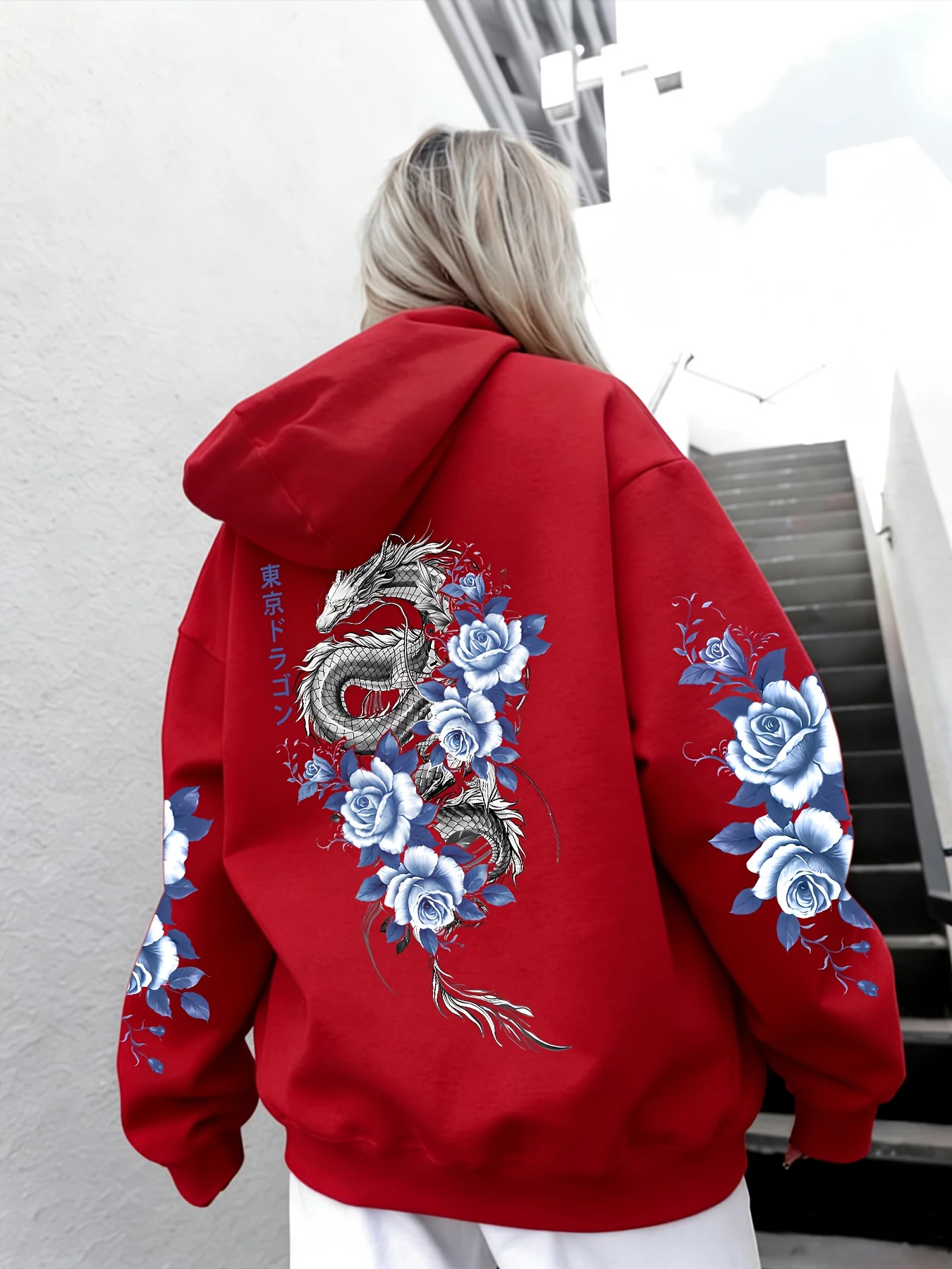 Japanische Tokyo Blue Rose Dragon bedruckte Damen-Hoodies, lockerer Pullover mit Tasche, Herbst-Fleece-Hoodie, Y2K Koreanischer Jogging-Streetwear – Detail 14