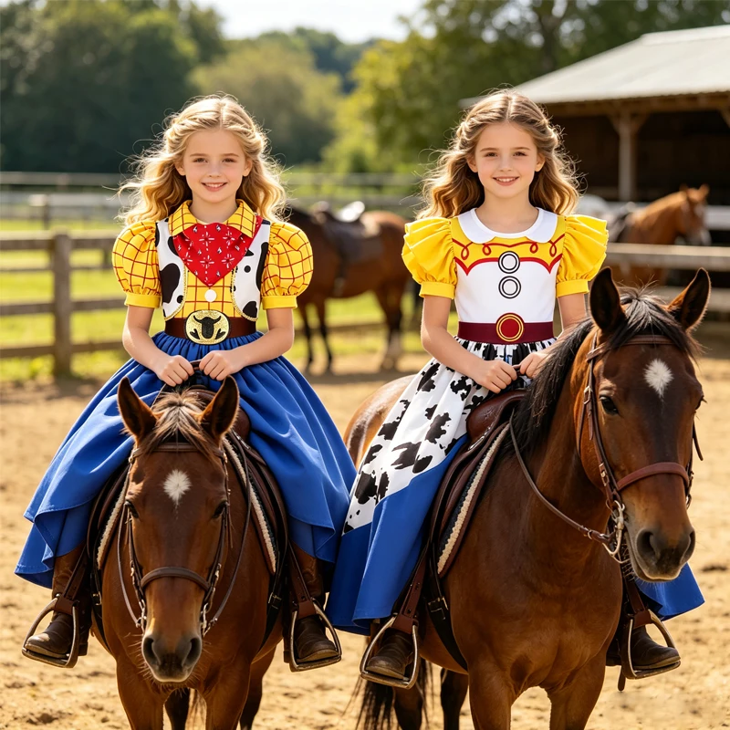 2 Stile Mädchen Western-Cowboy-Kleid im Farbkontrast-Design, Mädchen-Cosplay-Kostüm, Kinder-Halloween-Party-Auftrittskleid