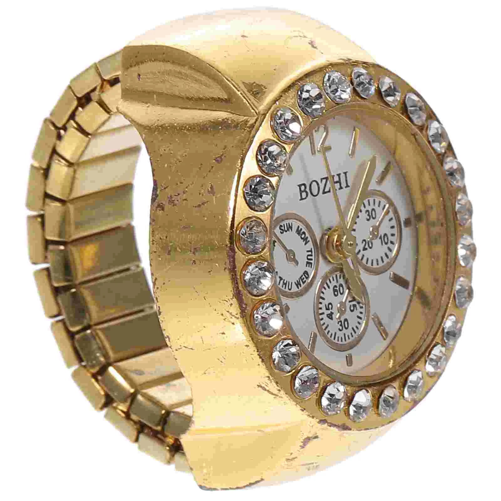 Elastic Round Quartz Finger Watch, Relógio Bling, Anel bonito