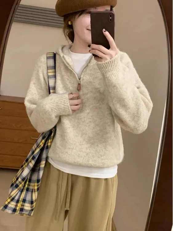 Elegant Apricot Hooded Zipper Knit Sweater Jacket Women's Spring Autumn Loose Soft Long Sleeve Casual Top Korean Style