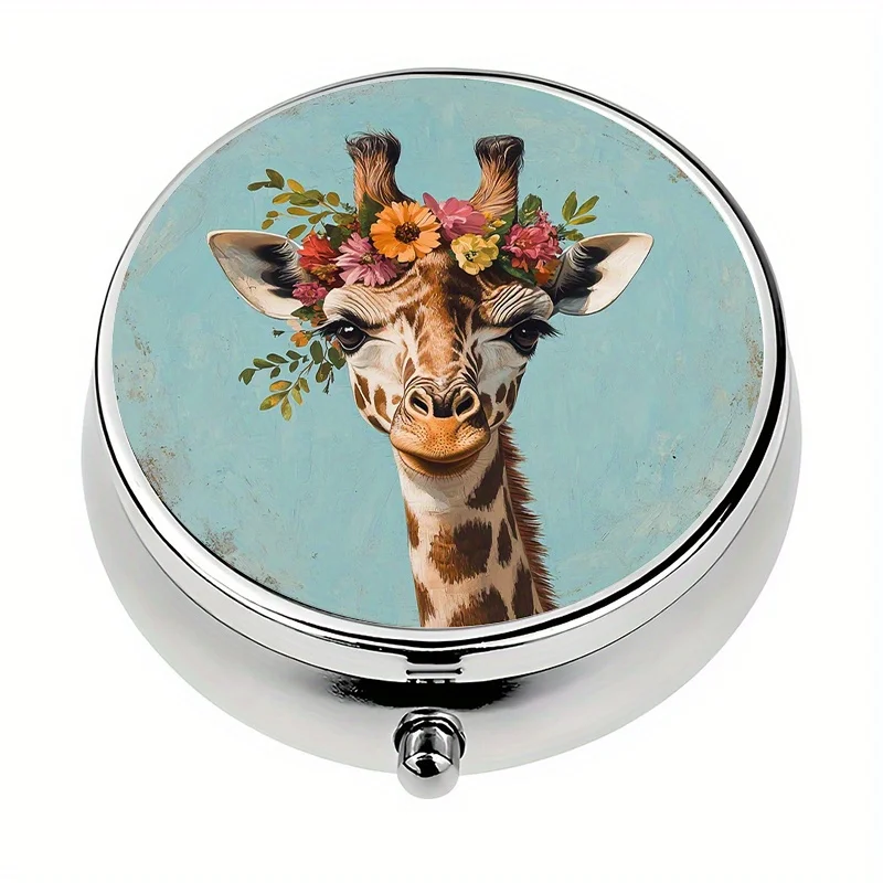 1-piece pill box with 3 compartments, floral giraffe-themed mini pill box, medication storage box, decorative vitamin storage box, suitable for purse or wallet