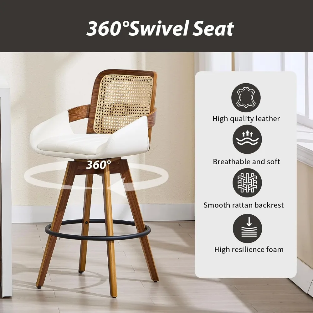 Swivel Bar Stools Set of 2, Faux Leather Counter Height Bar Stools with Arms and Rattan Back, 26" Seat Height Upholstered Bar