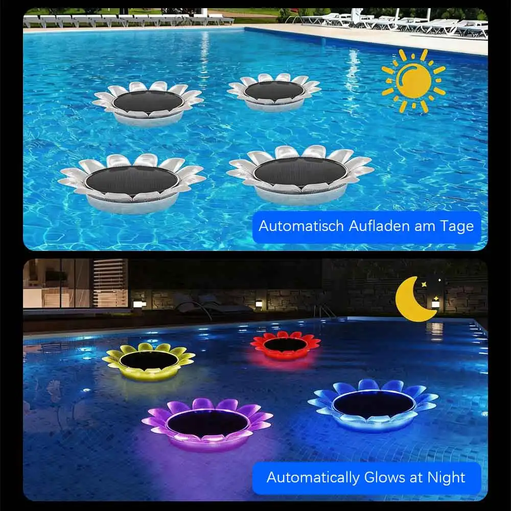 Sonnenblumen-Blütenblatt-Poolleuchte mit 7 Farbwechselmodi, solarbetrieben, einstellbare Helligkeit & Funkelgeschwindigkeit, schwimmend im Wasser