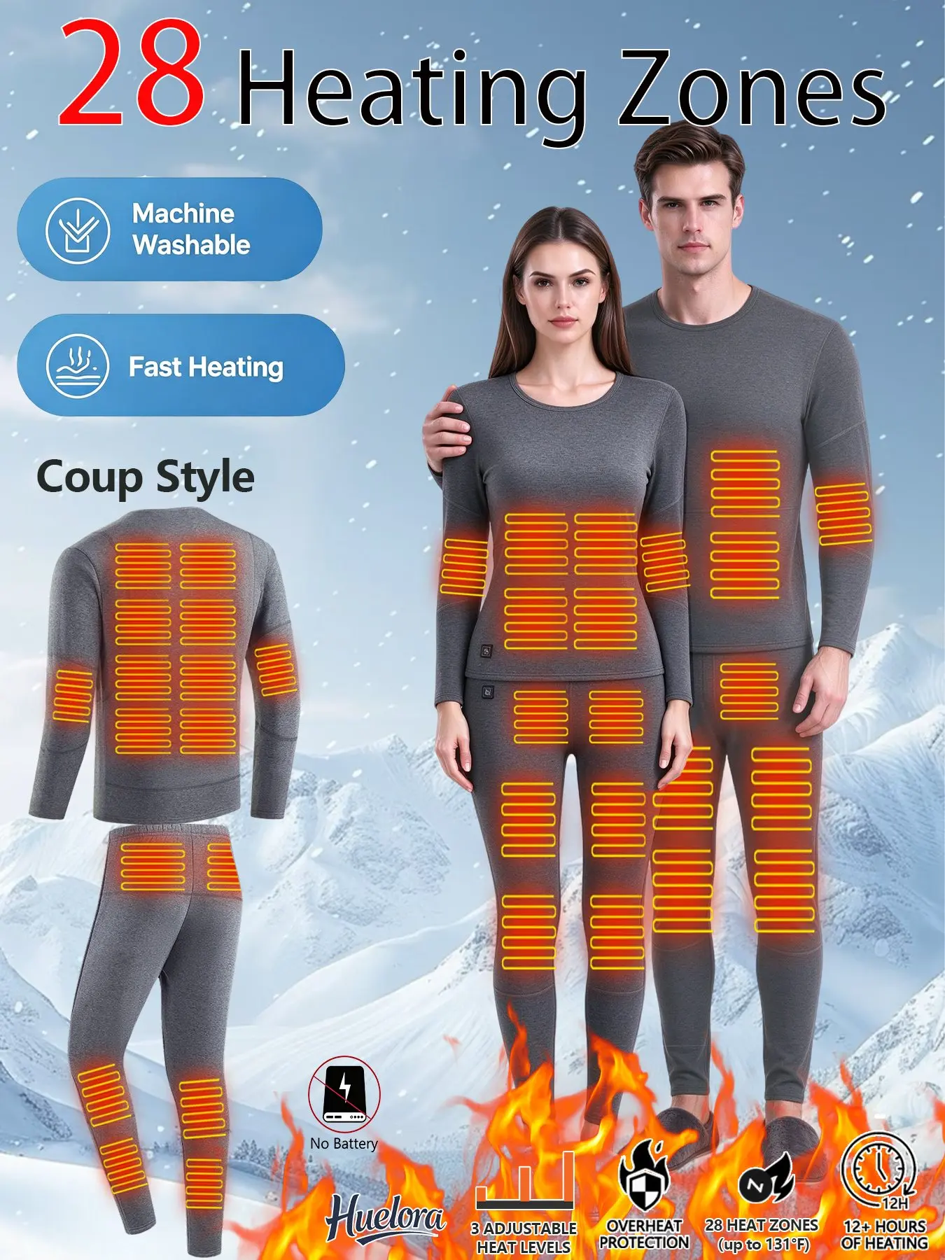 Huelora Gray Heated Thermal Underwear Set for Men Women 28 Heating Zones Electric Heated Long Johns 3 Adjustable Temp Winter