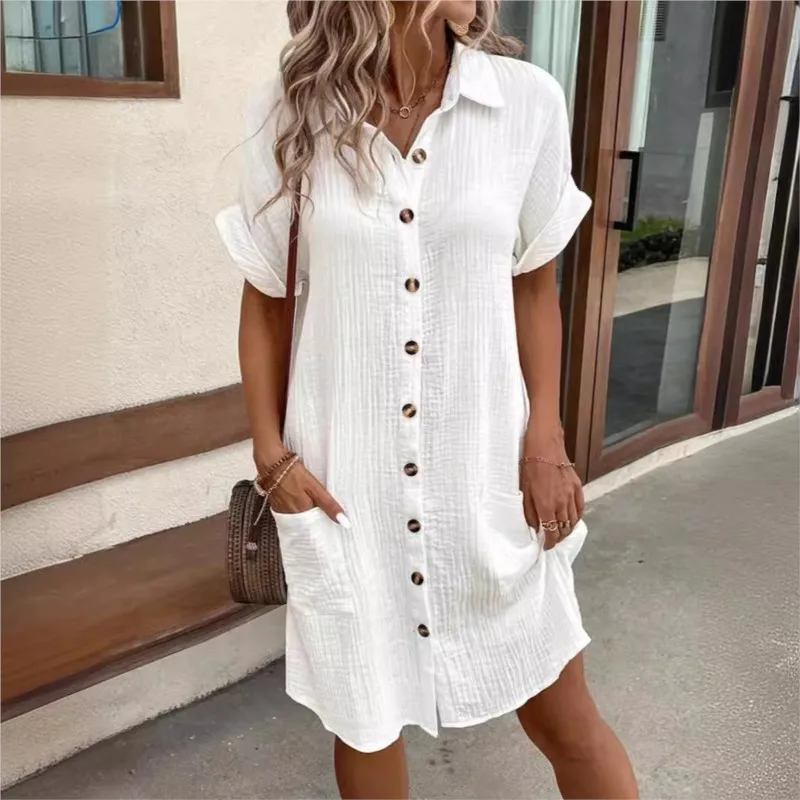 Abito camicia estivo solido da donna Semplice manica corta Colletto rovesciato Abiti larghi da donna eleganti casual monopetto