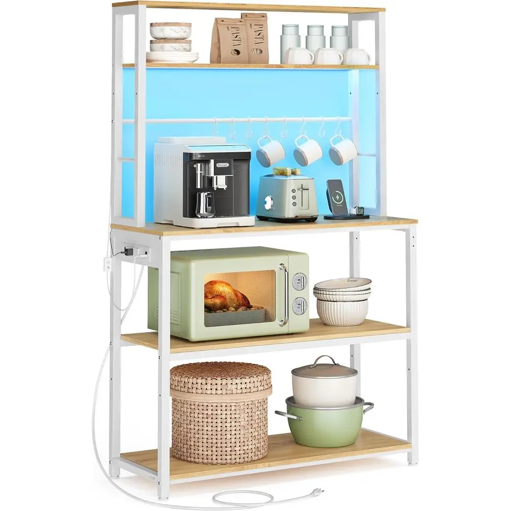 

Кофейный бар со светодиодной подсветкой, кухонная полка для выпечки с розеткой, подставка для микроволновки с регулируемыми полками, 8 крючков, 15,7 x 31,5 дюйма