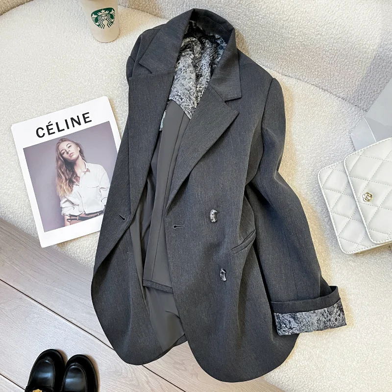 

Серый высококачественный пиджак, женский осенний винтажный пиджак с вином, непринужденный и универсальный офисный женский элегантный французский пиджак