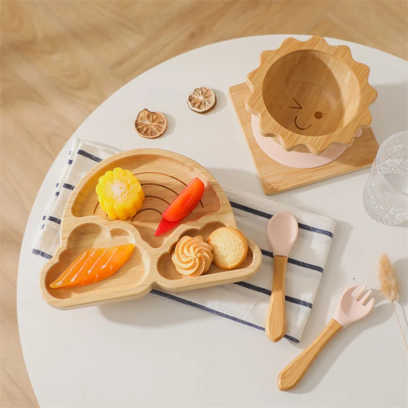 Baby Wooden Clouds Tableware Feeding Set Wooden Handle Spoon Fork Sun Shape Suction Bowl Dinnerware For Children's Gift Set