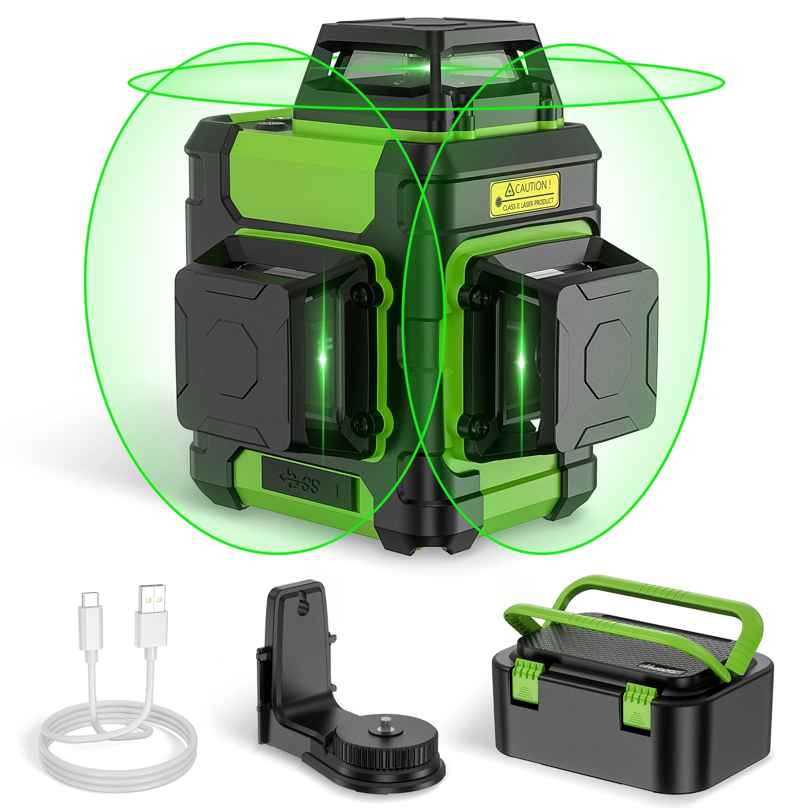 Huepar 3x360 ° Laserwaterpas met groene laserstraal, 12 lijnen, zelfnivellerend, kruislijnlasersysteem met pulsmodus & harde draagtas