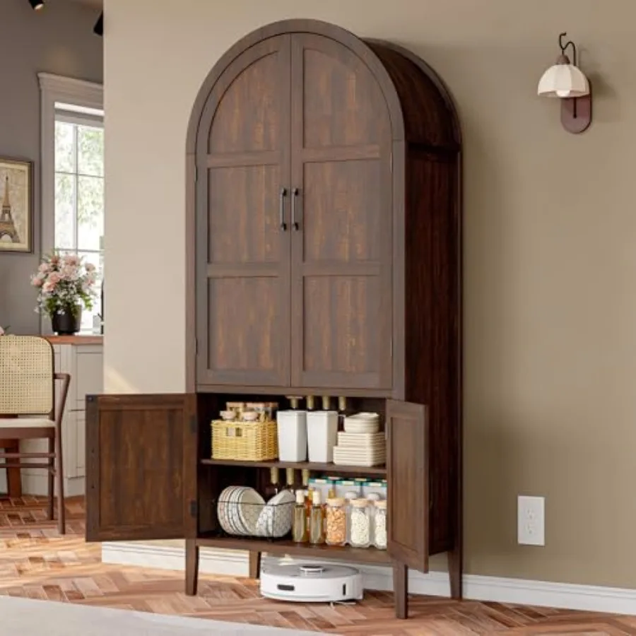 71 Tall Wooden Arched Cabinet for Kitchen Pantry Use, Natural Wood Finish with Adjustable Feet, Farmhouse Style 5-Tier Storage