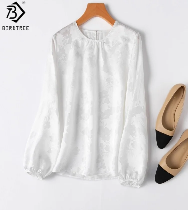 

Birdtree 20MM 100% Mulberry Silk White Shirt,Women Jacquard Plain Satin Long Sleeve O-neck Autumn Loose Tops Blouse T59234JF
