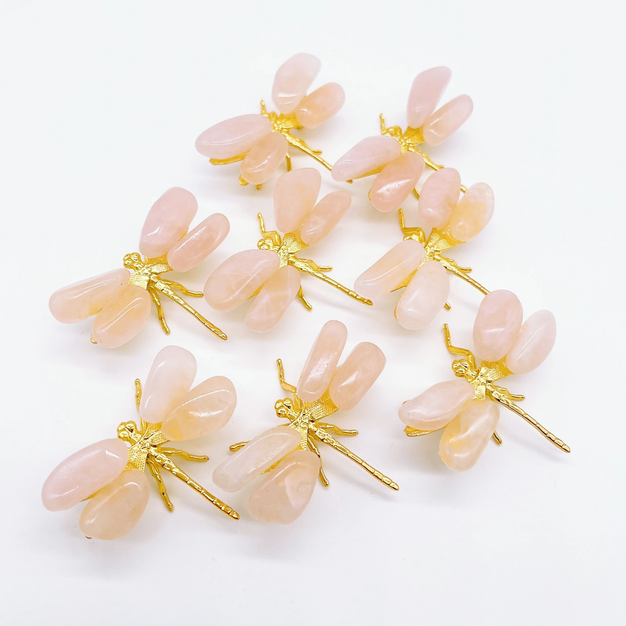 1PC Pink Dragonfly Spar Figurine Craft Handmade Natural Rose Quartz Stone Butterfly Reiki Healing Home office Decoration Gift