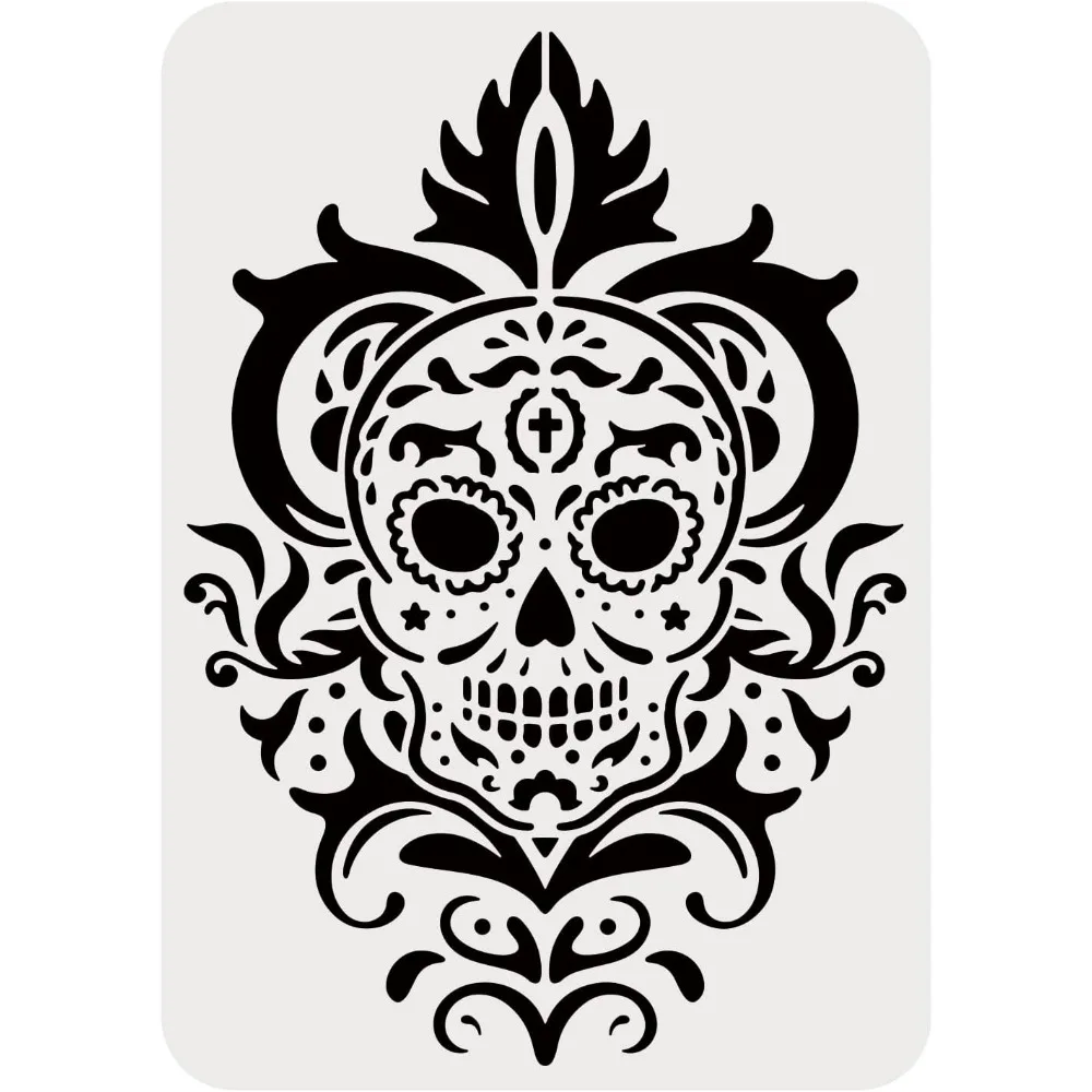 Skull Day of The Dead Stencil 11.7x8.3 inch A4 Large Scary Head Stencils Reusable Skull Damask Wall Stencil DIY Art Craft