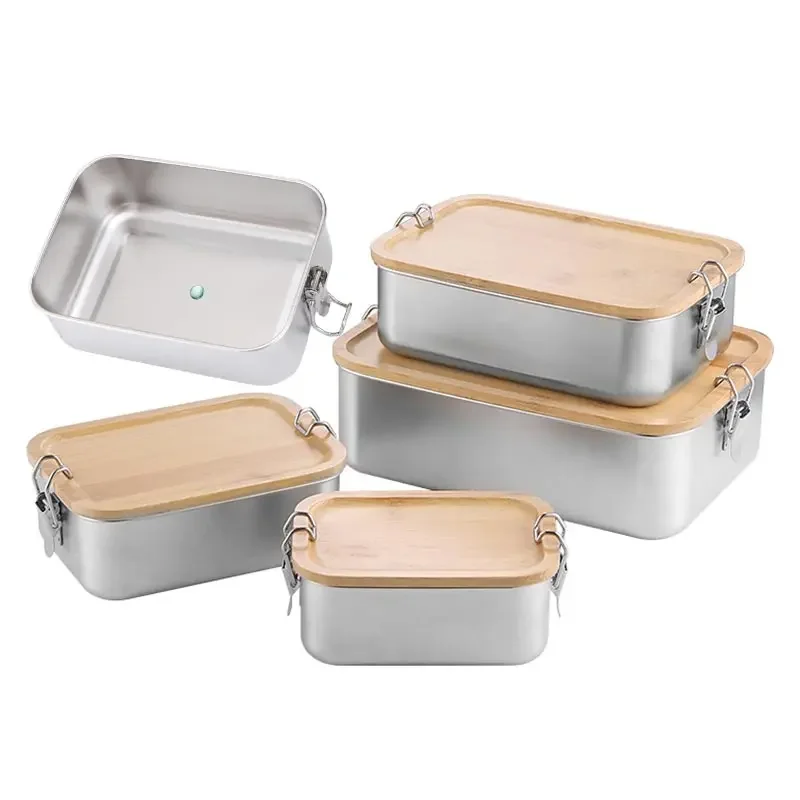 304 Stainless Steel Lunch Box With Bamboo Wood Lid, Double Deduction Lock Style Lunch Bento Box,Sealed And Fresh-keeping Box