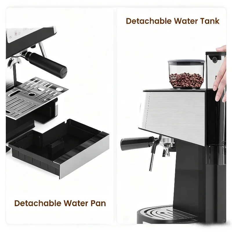 Machine à café professionnelle avec 30 tailles de broyage, broyeur de bavures coniques, fonction d'eau chaude, accessoires complets pour le bureau et la maison