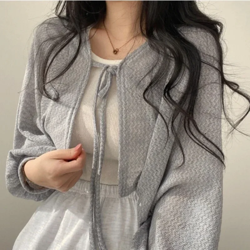 Thin Sunscreen Cardigan Lace-up Knitwear Tops Women Summer Female Korean Style Lantern Sleeve Short Coat Casual Sun Protected