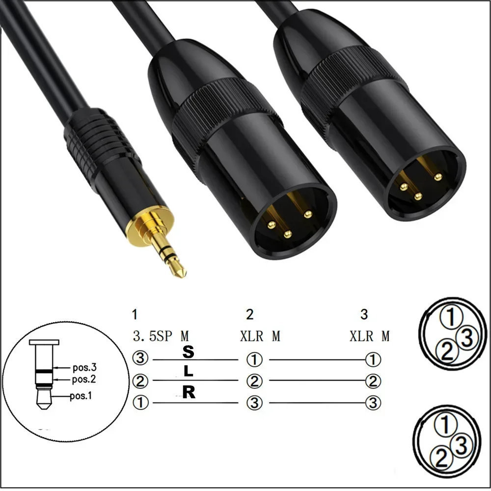 Jack 3.5mm TRS Stereo to Double XLR Male Patch 3.5mm Right Angle 1/8 Inch to Dual XLR Female Adapter Breakout Y Splitter Cable