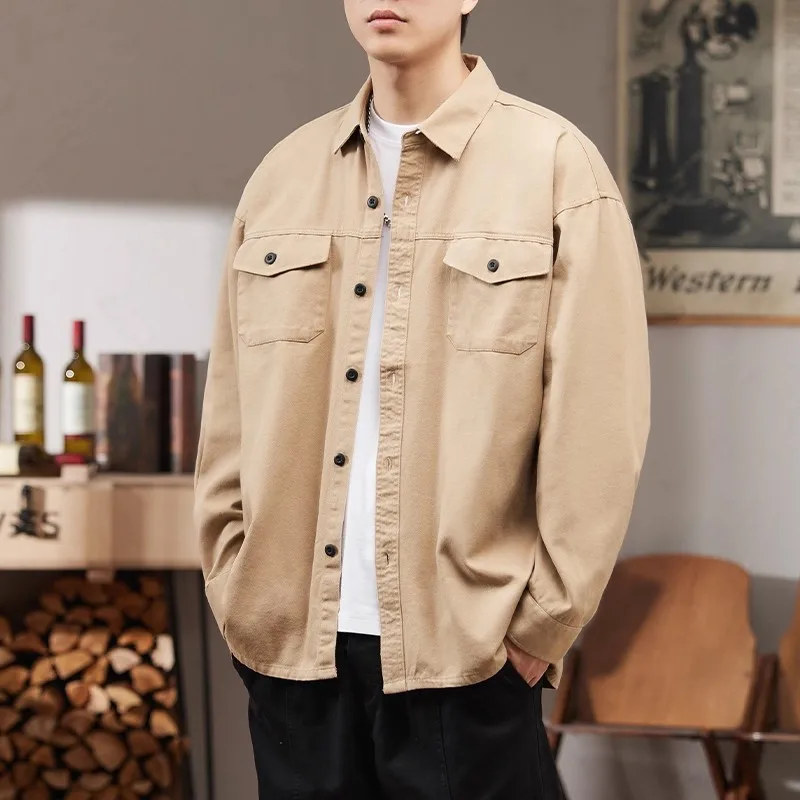 

Мужская куртка из чистого хлопка с длинным рукавом, весенне-осенняя, в американском ретро-стиле, с воротником, молодежная верхняя одежда на пуговицах, повседневная.