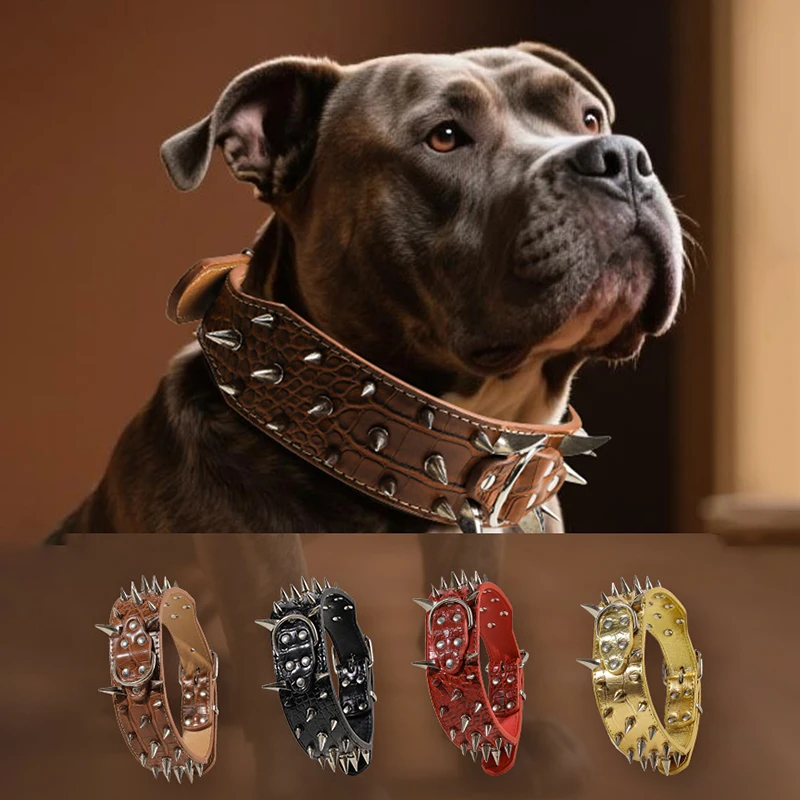 Retro Punk Spiked Dog Collar Widen Soft PU Leather Anti-bite Adjustable Heavy Duty Pet Necklace For Medium Large Dogs