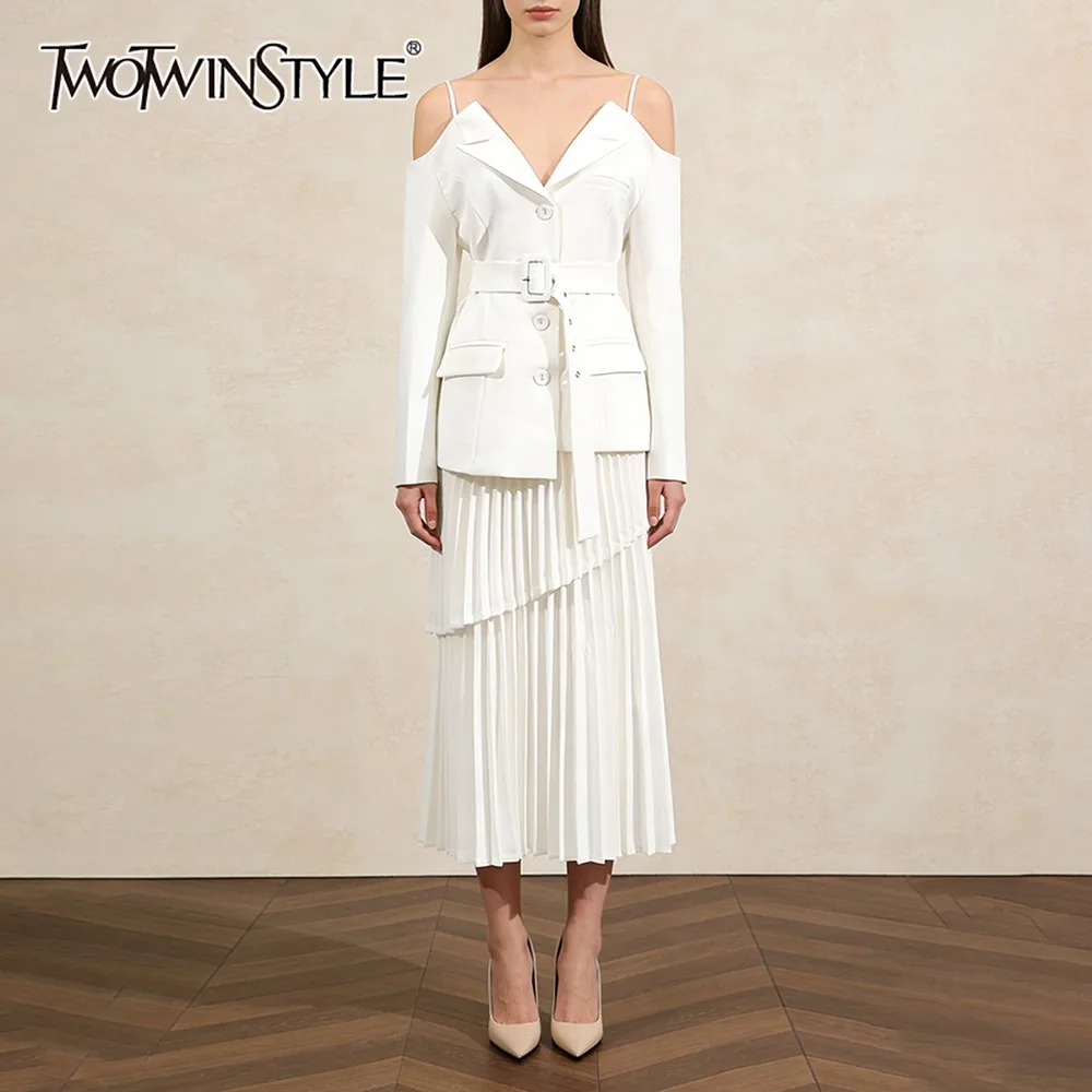 

TWOTWINSTYLE Solid Spliced Sashes Two Piece Set Female Slash Neck Long Sleeve Jacket Intellectual Elegant Women's Skirt Set New