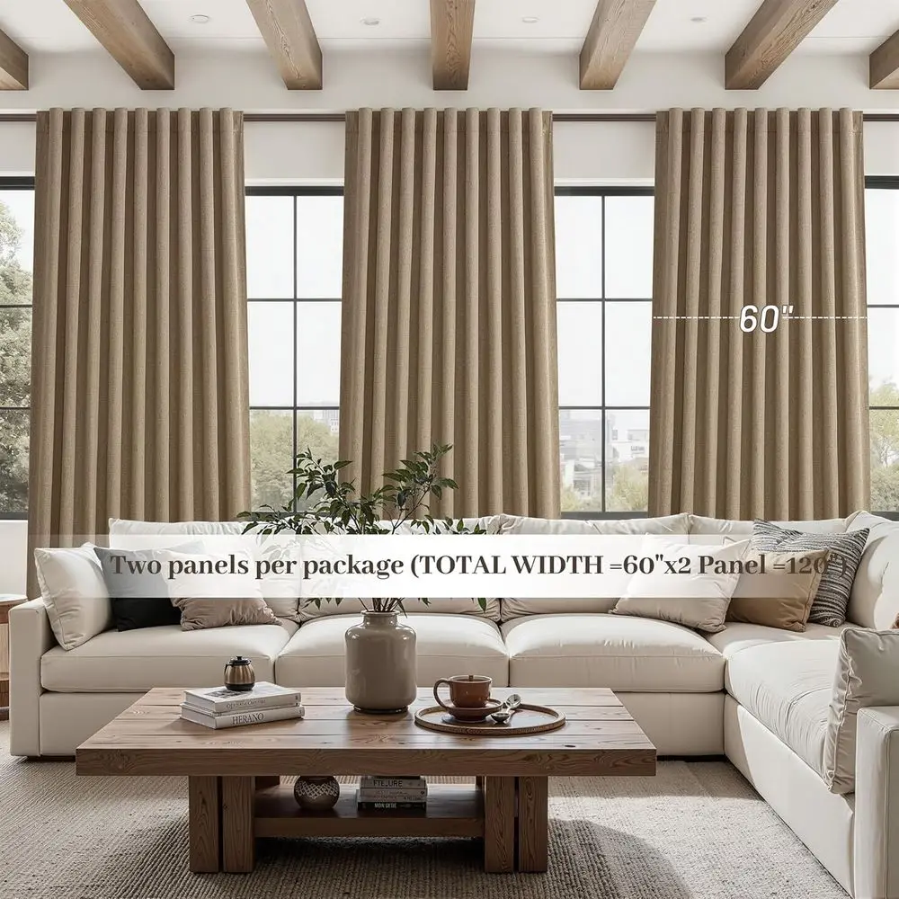ستائر كتان واسعة للغاية 60 طولًا، بني شوكولاتة، نمط مطوي لغرفة المعيشة وغرفة النوم، ستائر معزولة حراريًا